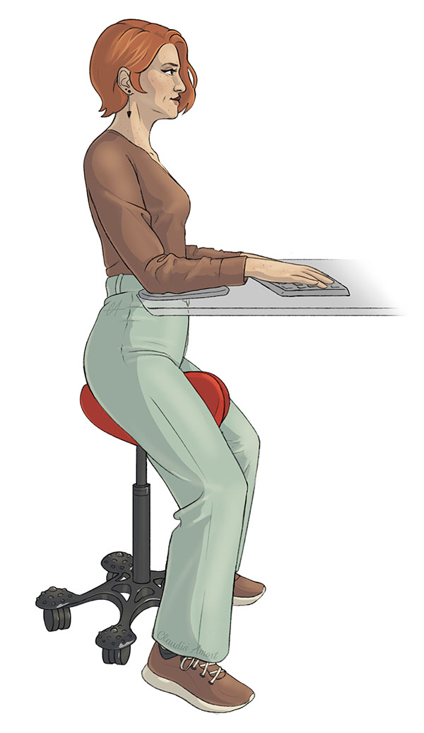 Illustration, Frau zeigt, dass man die Beine auf der Seite halten sollte, wenn man auf einem Sattelstuhl sitzt