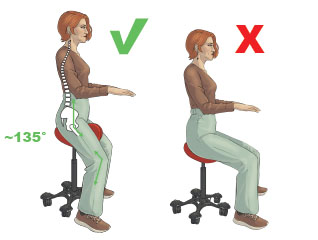 Illustration, Frau zeigt, wie hoch man auf einem Sattelstuhl sitzen sollte